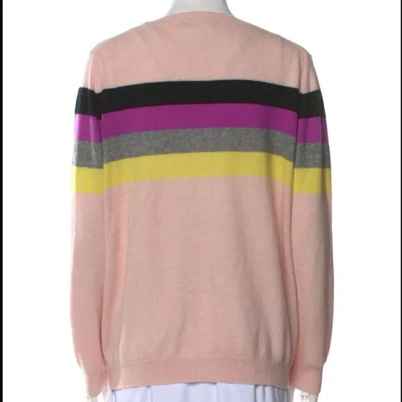 NWT Brodie Cashmere Hill Pink Rainbow Stripe Long Sleeve Pullover Crew Sweater M - Picture 2 of 10